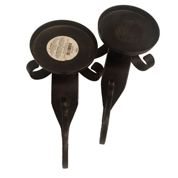 PIER 1 RUSTIC SCROLL PILLAR‎ CANDLE HOLDERS  HEAVY DUTY METAL SET OF TWO - Picture 8 of 11
